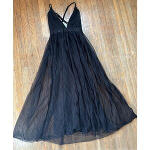 SHEIN Black Plunging Neck Mesh Overlay Dress ~ sz Small ( 4 )